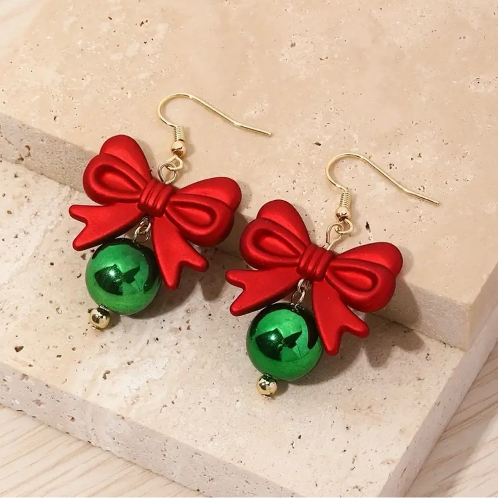 Red Bow and Green Ornament Earrings